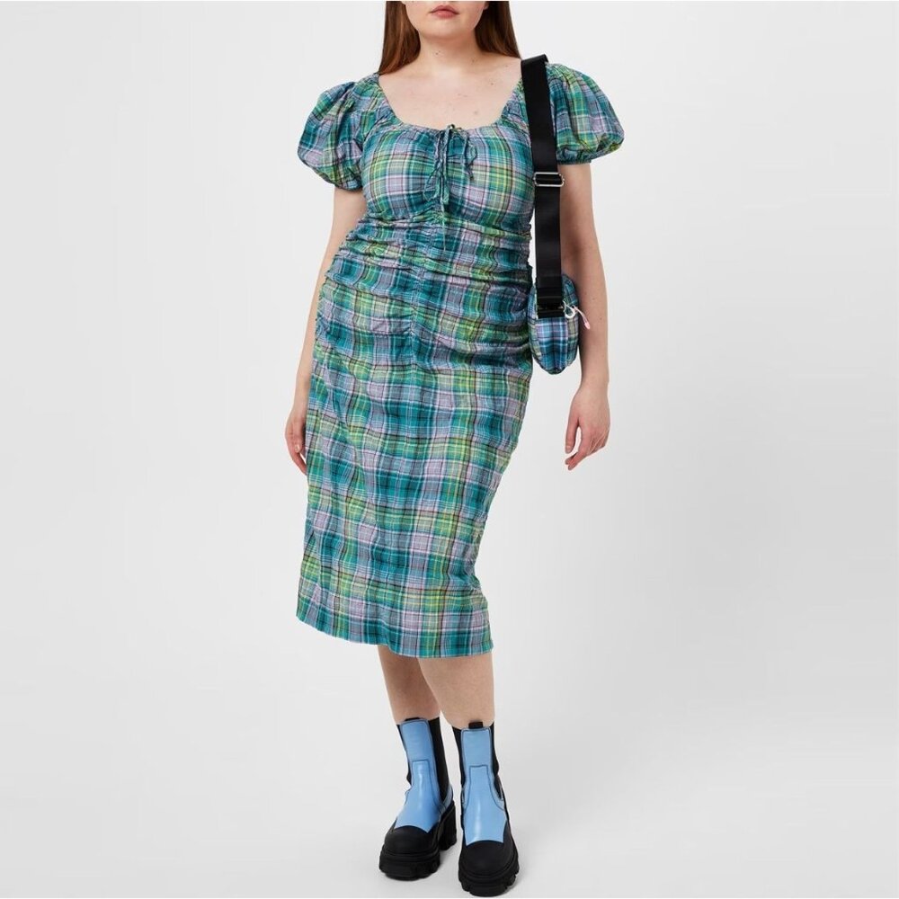 GANNI Lagoon Seersucker Check Puff Sleeve Ruched Midi Dress Plaid XS Designer